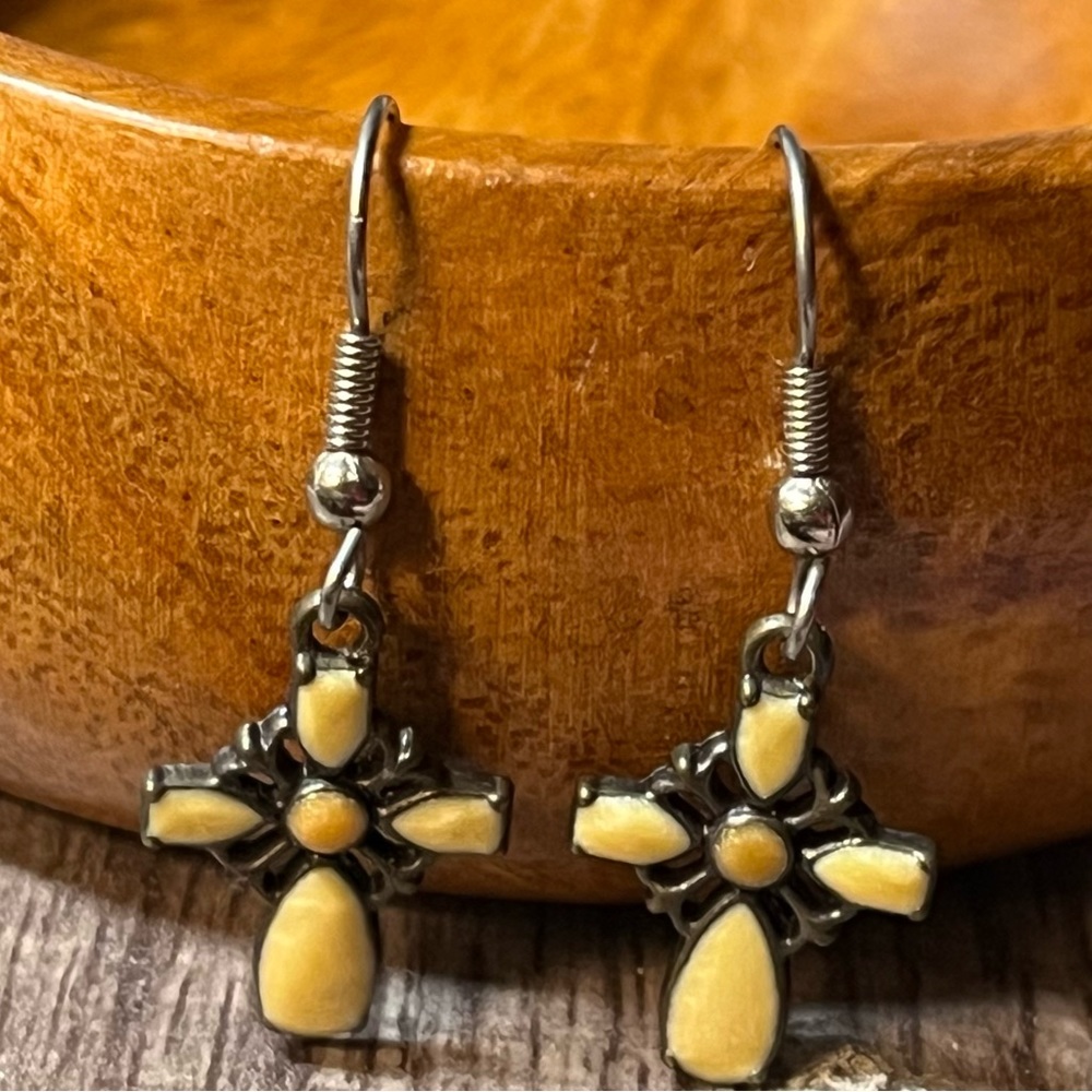 Cross Dangle Earrings Cream and Ivory Colored Enamel on Oxidized Dark Silver